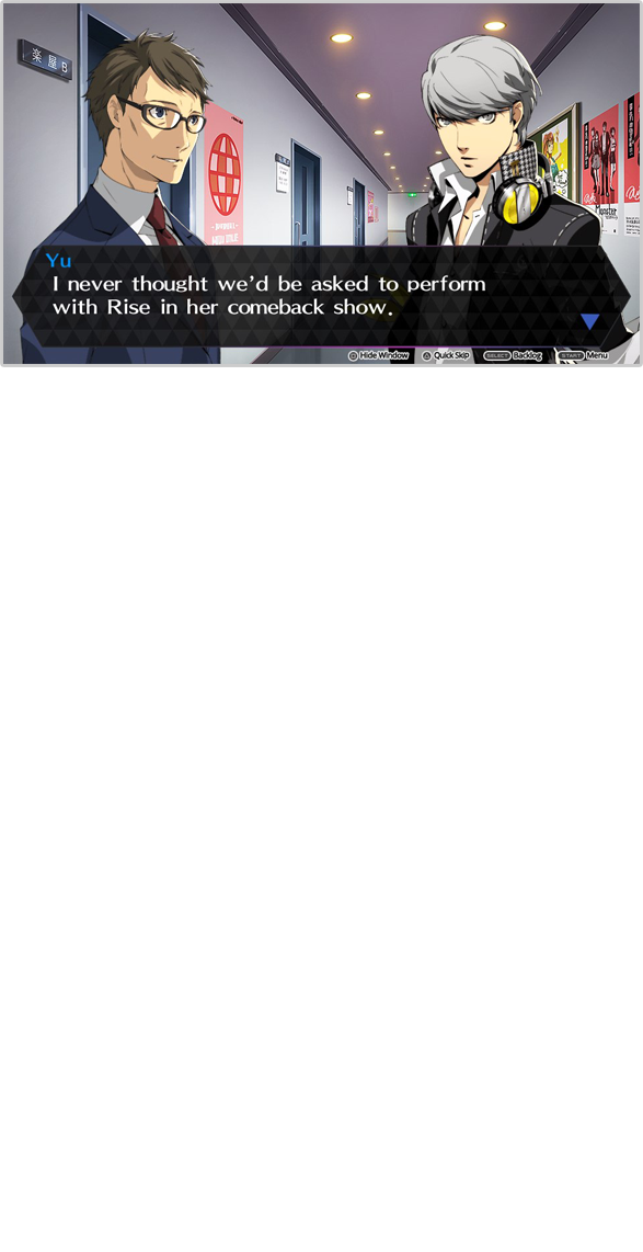 After accepting Rise’s request, Yu and the others practice hard to learn their dance steps in time for the show... And as the day of the performance draws nearer... one evening, Yu, Rise, and Naoto test out a certain rumor, resulting in them being dragged into another world. This eerie world, swarming with bizarre creatures known as “Shadows”, is called the “Midnight Stage”...They find that any use of aggressive force, including the usage of their “Personas”—the manifestations of their strength of heart-holds no power in this strange environment. Yu and his friends realize that the only way to confront the Shadows of this world is through the power of dance.